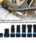 Seven Piece Vacuum Hose Expansion Adapter Kit With Quick Connectors For Home Workshop Tool Sander Dust Collection System fits standard shop vac hoses.