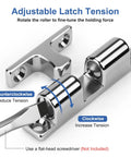 Adjustable tension mechanism of Built Like A Tank Marine Double Roller Catch Latch 316 Stainless Steel for cabinet doors.
