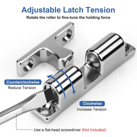 Adjustable tension mechanism of Built Like A Tank Marine Double Roller Catch Latch 316 Stainless Steel for cabinet doors.