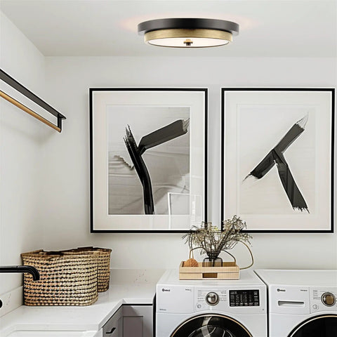 Low Profile Modern LED Ceiling Light 14-Inch in laundry room, black finish, birch accents, mid-century style fixture.