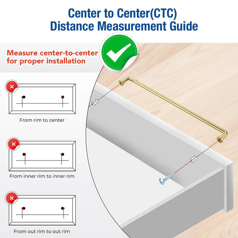 Center to Center measurement guide for Top Notch Polished Brass Cabinet Pulls Rock Solid Drawer Handles installation.