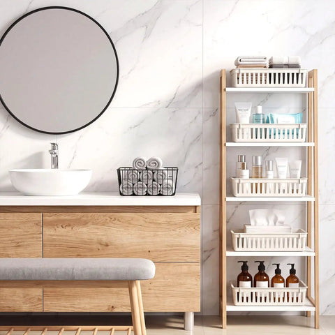 Slick And Solid Plastic Storage Baskets For Classroom Organizing And Teacher Desk Organization Premium Beige Containers on bathroom shelf.