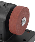 Close-up of Compact Cordless Mini Bench Grinder Equipped With Twin Heavy Duty Wheels for polishing and sharpening.