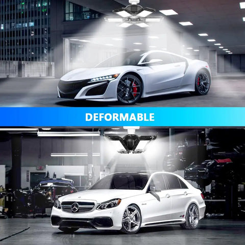 Two Pack Deformable LED Garage Lights 200W 20000LM 6500K Ultra Bright Shop Light With 6 Adjustable Panels And 270 Degree Coverage installed in garages