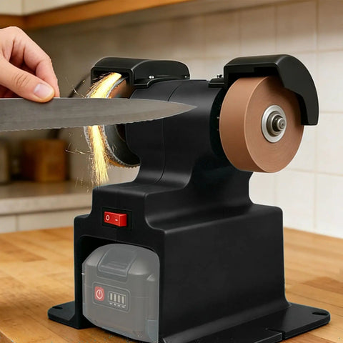 Cordless Mini Bench Grinder And Polisher Packing 200 Watt Motor And 7000 RPM With Dual Rechargeable Batteries For No Strings Attached Workflow cutting a knife with sparks flying.