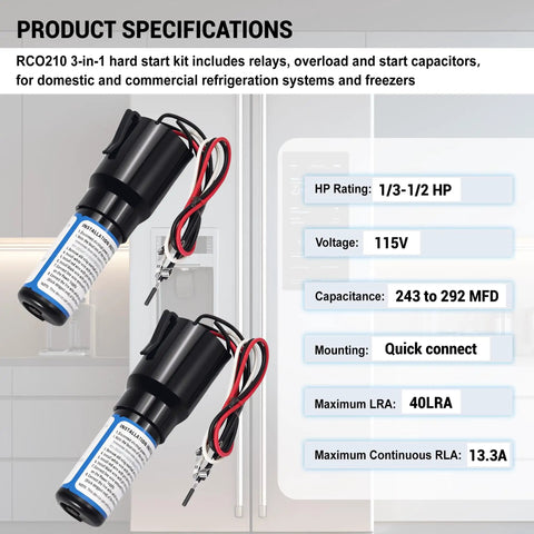 2 Pack Rco210 3 In 1 Hard Start Capacitor Kit For 1 3 To 1 2 Hp Systems with relays, wiring and specifications for AC compressors.