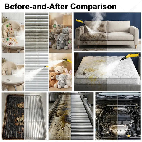 Before-and-after comparison of cleaning with High Power Handheld Steam Cleaner With 6 Piece Accessory Set Delivers 180 Degrees C High Temp Pressure.