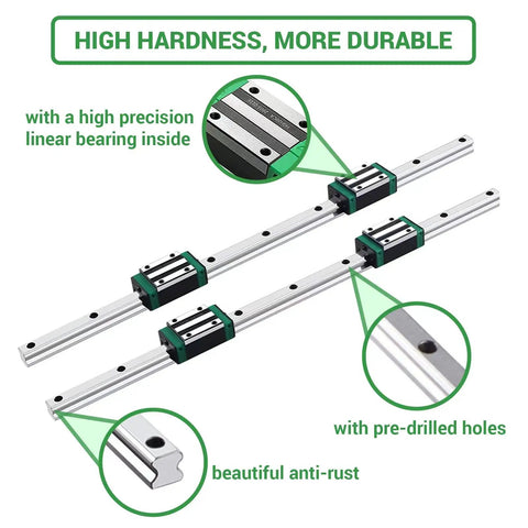2 Pack 1000mm HGR20 Linear Rails With 4 HGH20CA Carriage Blocks CNC Kit, aluminum rail with precision bearings and pre-drilled holes.