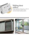 Heavy Duty Beefy Sliding Door Pulley Wheels For Quick Easy Swap Track Rollers And Patio Window Guides With Smooth Gliding Stainless Steel Build That Lasts Forever mounted on a sliding door.