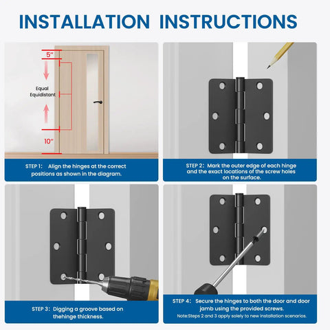 Installation instructions for Top Shelf Slick Matte Black Door Hinge Kit For Standard Interior Bedroom Setup showing steps and details.