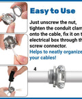 Installation guide for 50 Pack Half Inch Clamp Type Cable Connectors for NM Cable, showing step-by-step use and attachment to conduit.