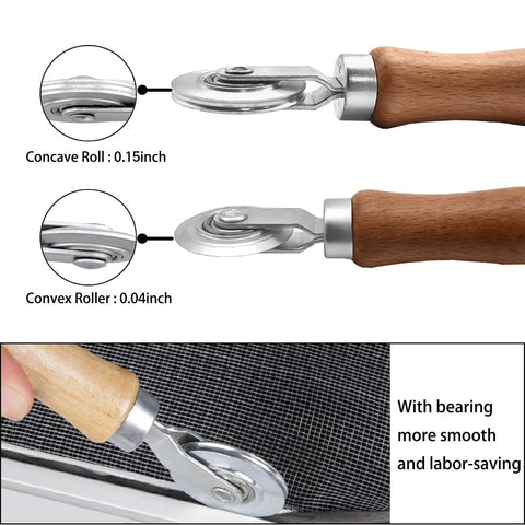 Three-piece BAYTORY screen tool set with wooden-handle spline rollers (steel/nylon), shown on window screen mesh