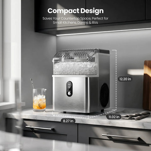 Solid Countertop Nugget Ice Maker Goes Hard On Rapid Cooling Spits Out Hella Chewable Pebble Chunks Quickly Generates Thirty Five Pounds Daily For Any Setup, compact design with visible ice.