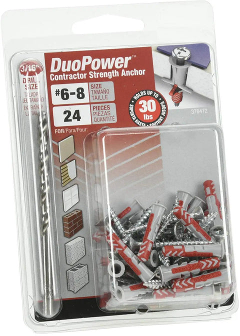 Universal Dual Action Nylon Wall Anchors For Drywall And Solid Surfaces Fits Four To Six Screw Sizes One Inch Long packaging with components