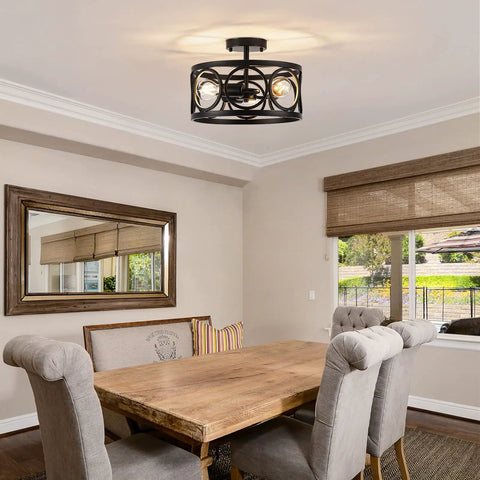 Three Light Semi Flush Mount Ceiling Fixture In Black Metal Farmhouse Chandelier in dining room setting