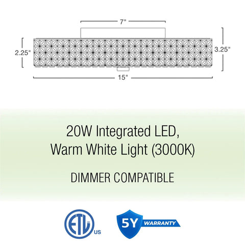 Maxine 15 Inch Sleek Modern Integrated LED Crystalline Flush Mount Ceiling Light 25W 3000K Warm White dimensions diagram