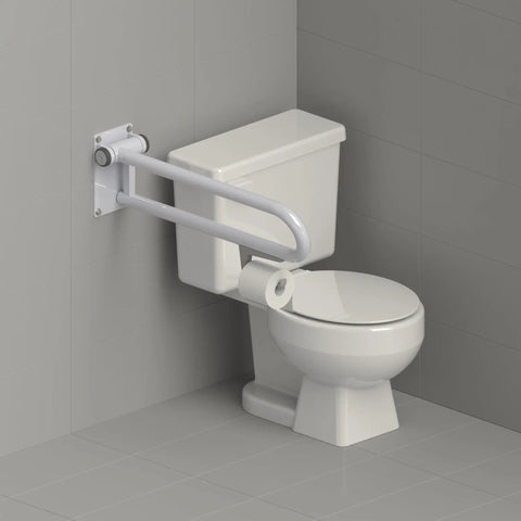 Smooth Operator Toilet Paper Rail Holder Add On Mount Secure Hold Grab Bar Compatible Easy Reach Adaptive bathroom aid beside toilet.