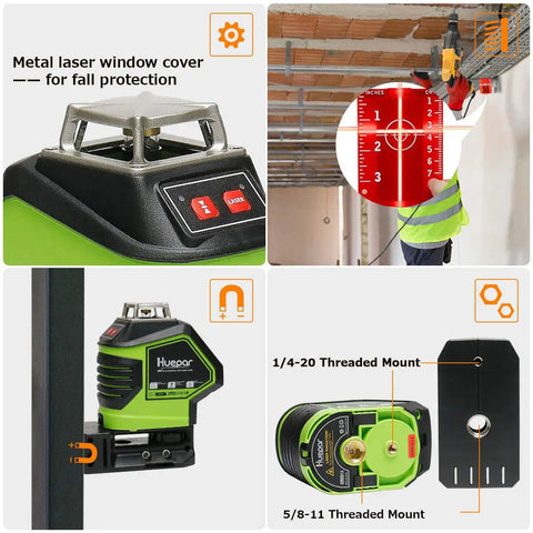 Self Leveling Laser Level With 360 Degree Horizontal Cross Line And Two Plumb Dots Up And Down Points Wide Vertical Beam Magnetic Pivoting Base Pro Grade 621CR showing metal laser window cover and worker using level on ceiling