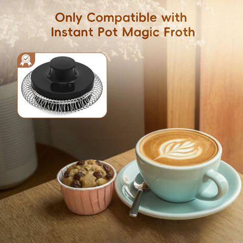 Coffee with latte art and a muffin next to Replacement Whisks For Magic Froth 9 In 1 Electric Milk Steamer And Frother Duo Pack