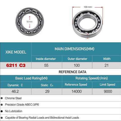 6211 Open Ball Bearings 55X100X21Mm C3 Internal Clearance No Seals with clear dimension details for heavy-duty applications.