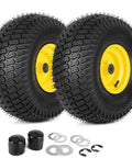 Smooth Operator 15x6.00-6 Lawnmower Front Tire And Wheel Set For Riding Mower And Tractor with yellow rims and rubber treads.