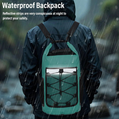 Person wearing Adventure Ready 25L Roll Top Dry Bag Backpack Waterproof Dry Sack in rain with reflective strips visible