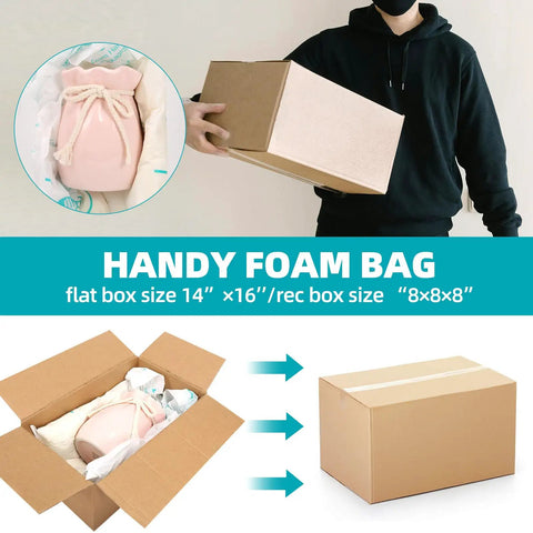 Expandable Foam Cushioning Packing Pouches 20 Pack 14X16 Inch Heavy Duty Wrap Bags For Shipping Moving And Storage, shown with packed fragile item.
