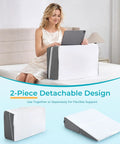 Real Deal Detachable Two Piece Bed Wedge Pillow Is A Total Game Changer For Post Surgery Recovery And Easy Night Rest With An Extended 29 Inch Width That Keeps You Propped Up In Solid Comfort. Woman using wedge pillow with tablet.