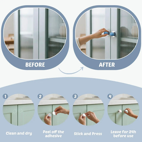 Image showing installation guide for Dead Simple Peel And Stick Cabinet Knobs Ten Pack Red Ceramic Ball Handles with adhesive steps.