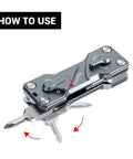 Compact Folding Screwdriver Kit with Seven Tools, showing tool deployment instructions.