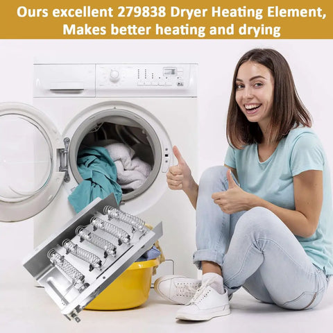 Heavy Duty Dryer Heating Element Replacement 279838 Fits Whirlpool Kenmore Roper Maytag Amana Admiral Medx655dw1 500 600 70 80 Series Model 110 Dryers Easy Install And Reliable Heat demonstration with dryer and user