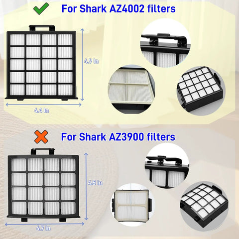 Comparison of filter sizes for Shark AZ4002 and AZ3900 vacuums in PowerDetect Compatible Replacement Vacuum Filter Kit