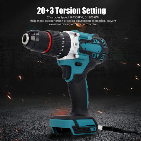 Heavy Duty Cordless Drill With Dual Speed Modes And 20 Plus 3 Torsion Settings providing smooth operation and precise control.