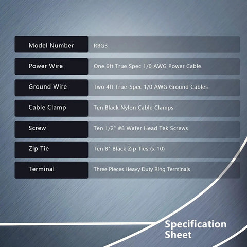 Specification sheet for Heavy Duty Big 3 Power Upgrade Kit with details of wires and accessories.