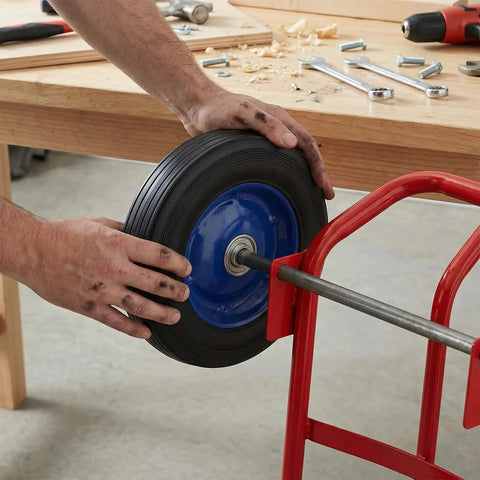Person installing Four Pack 8 X 1.75 Inch Solid Rubber Wheels Featuring Flat Free Design And Rock Solid Ball Bearings on a dolly.