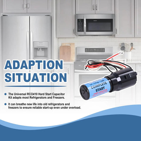 Universal Hard Start Kit For Refrigerators And Freezers With Heavy Duty Capacitor Plus Connectors displayed in a kitchen setting.