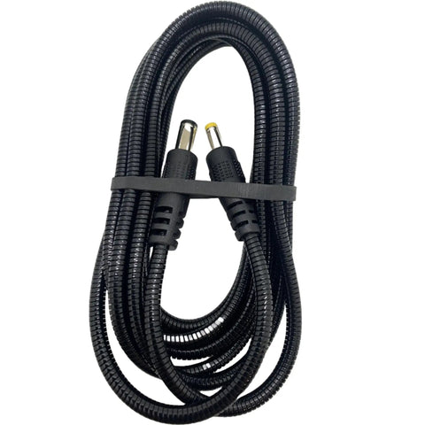 Plug And Play Solar Panel Trail Camera Power Cord Replacement 2.1Mm To 1.7Mm armored black cable coiled for outdoor use.