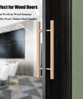 Extra Long H Shape Door Pull Bar Featuring Straight Up Premium Beech Wood Grips And Built Tough 304 Stainless Steel Connectors. Smooth Operator Double Sided Push Pull Hardware For Saunas Or Glass Doors. Wood door handle detail.