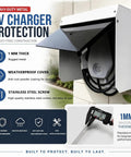 Hella Durable Universal Outdoor EV Charger Cover With All Season Weatherproof Magnetic Protector For Electric Vehicle Plug In Rain Snow Weather Housing Guard mounting on wall with angled protective flap