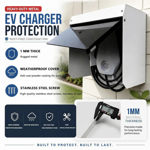 Hella Durable Universal Outdoor EV Charger Cover With All Season Weatherproof Magnetic Protector For Electric Vehicle Plug In Rain Snow Weather Housing Guard mounting on wall with angled protective flap