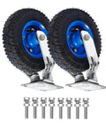 Heavy Duty Air Filled Rubber Swivel Casters Loaded With Rock Solid Industrial Trolley Wheels Featuring Grippy Lock Brakes For Workshop Carts And Shelving Units 2 Pack with metal bases and screws.