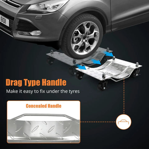 Rock Solid Steel 4 Piece Heavy Duty Wheel Dollies With 6000 Lbs Capacity And Secure Brakes, drag handle under car tire.