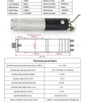 Top Shelf Automatic Tool Changer Water Cooled Spindle Motor With Iso20 Taper 1.8kw Motor technical specifications on display.
