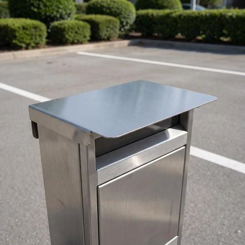 Kickass Stainless Steel EV Charger Protective Housing And Super Tough Weatherproof Outdoor Box Cover For All Season Rain Wind Snow Shield And Hella Durable Electric Vehicle Charging Station Shell shown from top angle with shiny finish.