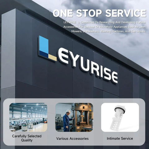 Facade of Leyurise building showcasing one-stop service commitment with images of product quality, accessories, and washer drain pump filter replacement for GE washing machines GFW450 series GFW550SSN0WW plug and play no tools needed durable filter kit with easy install for GE washers and related WBVH parts.
