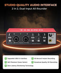 Front view of studio-quality USB audio interface with dual inputs, suitable for recording, podcasting, and streaming.