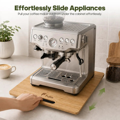 Premium Bamboo Countertop Slider Tray With Heavy Duty Casters And Smooth Glide Design under coffee maker, wooden surface detail.