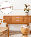 Crystal Cabinet Pulls 4 Pack Pink Drawer Pulls With Crystal Glass And Gold Brass Base installed on wooden cabinet in room view