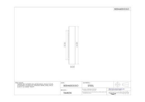 Rock Solid Heavy Duty Workhorse Tapered Roller Bearing Single Cone Straight Bore Steel design, side view with dimensions shown, 2.4375" ID, 0.8660" width.