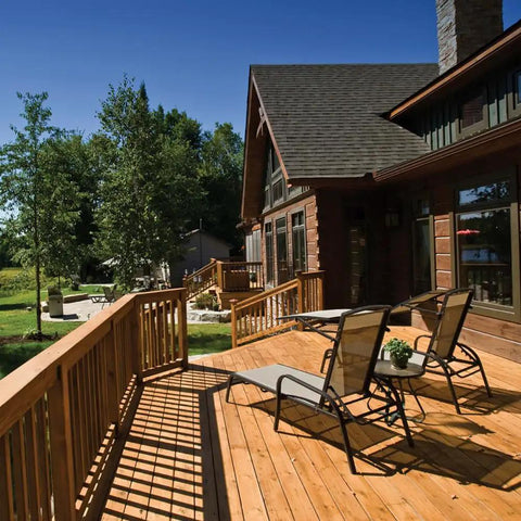 Ready To Rock And Build Like A Boss On Any Outdoor Project With These Premium Exterior Deck Screws Featuring Bugle Head Design And T25 Star Drive Coarse Thread Wood Screws 9 X 2 1/2 Inch 40 Count Pack Built Tough For Treated Lumber showcased in a sunny outdoor deck setting.